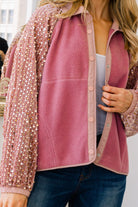 Pink Fleece Jacket with Sequin Long Sleeves & Snap Button Closure-Jackets-Krush Kandy, Women's Online Fashion Boutique Located in Phoenix, Arizona (Scottsdale Area)