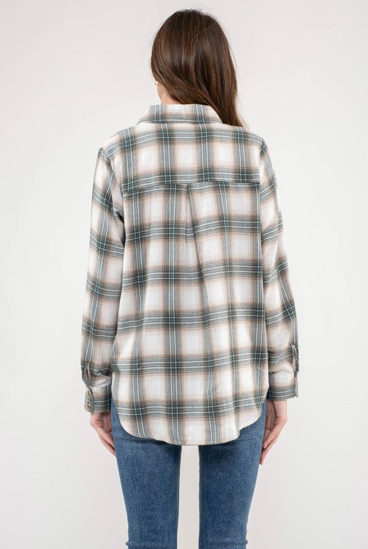 POCKET FLAP PLAID BUTTON UP WOVEN TOP-Long Sleeve Tops-Krush Kandy, Women's Online Fashion Boutique Located in Phoenix, Arizona (Scottsdale Area)