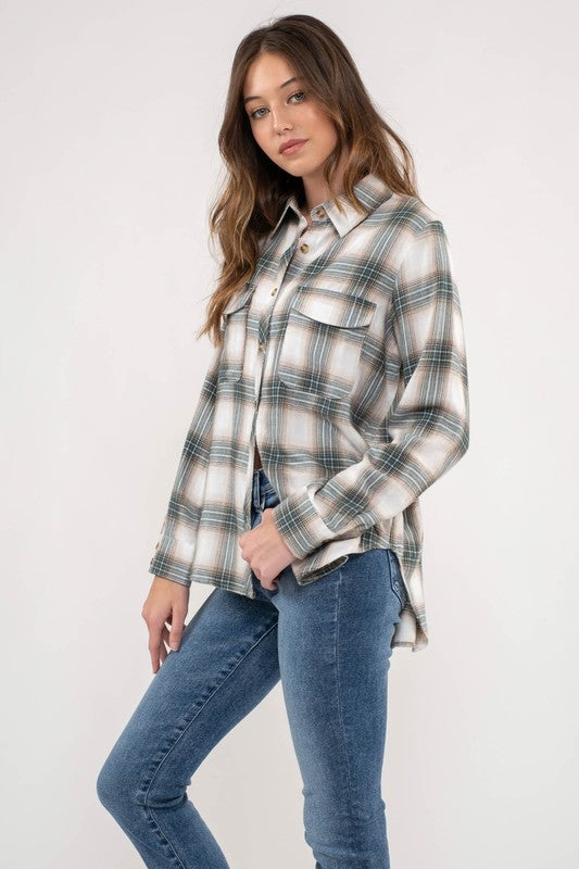POCKET FLAP PLAID BUTTON UP WOVEN TOP-Long Sleeve Tops-Krush Kandy, Women's Online Fashion Boutique Located in Phoenix, Arizona (Scottsdale Area)