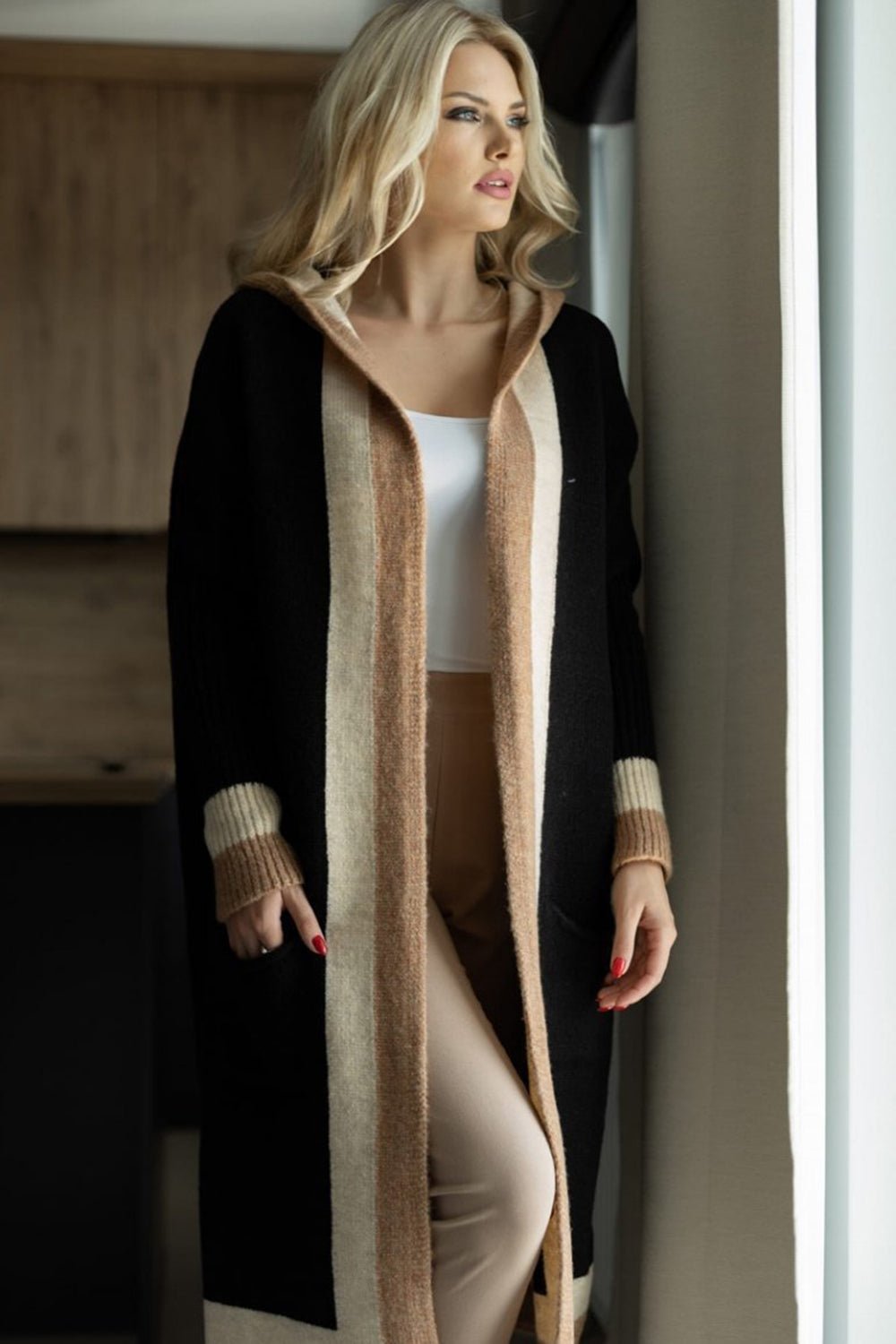 Pocketed Contrast Long Sleeve Hooded Cardigan-Krush Kandy, Women's Online Fashion Boutique Located in Phoenix, Arizona (Scottsdale Area)