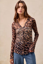 BiBi Leopard Printed Mesh Shirt With Button Up V Neck-Tops-Krush Kandy, Women's Online Fashion Boutique Located in Phoenix, Arizona (Scottsdale Area)