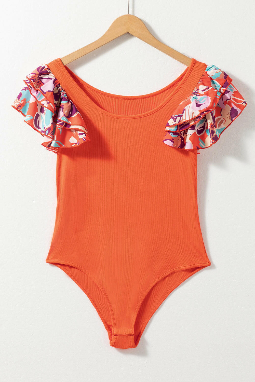 Ruffle Sleeve Ribbed Orange Body Suit-Bodysuits-Krush Kandy, Women's Online Fashion Boutique Located in Phoenix, Arizona (Scottsdale Area)