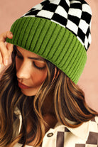 Checkerboard Beanie with Green Cuff-Hats-Krush Kandy, Women's Online Fashion Boutique Located in Phoenix, Arizona (Scottsdale Area)