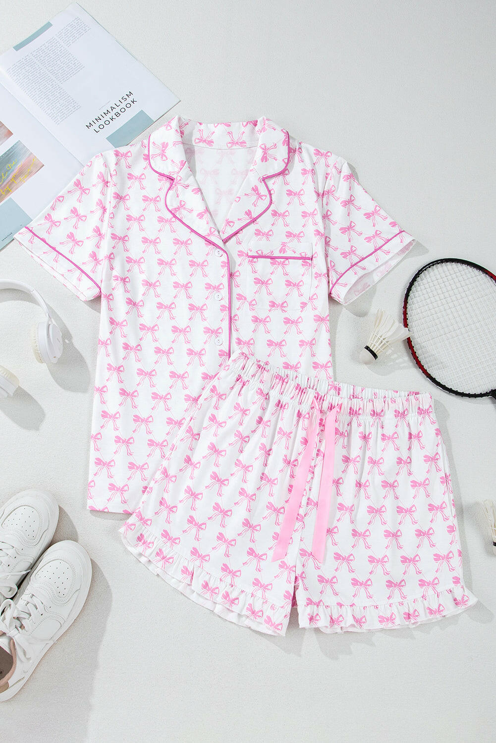 Romantic Pink Bow Knot Ruffle Pajama Set-2 Piece Outfit Sets-Krush Kandy, Women's Online Fashion Boutique Located in Phoenix, Arizona (Scottsdale Area)