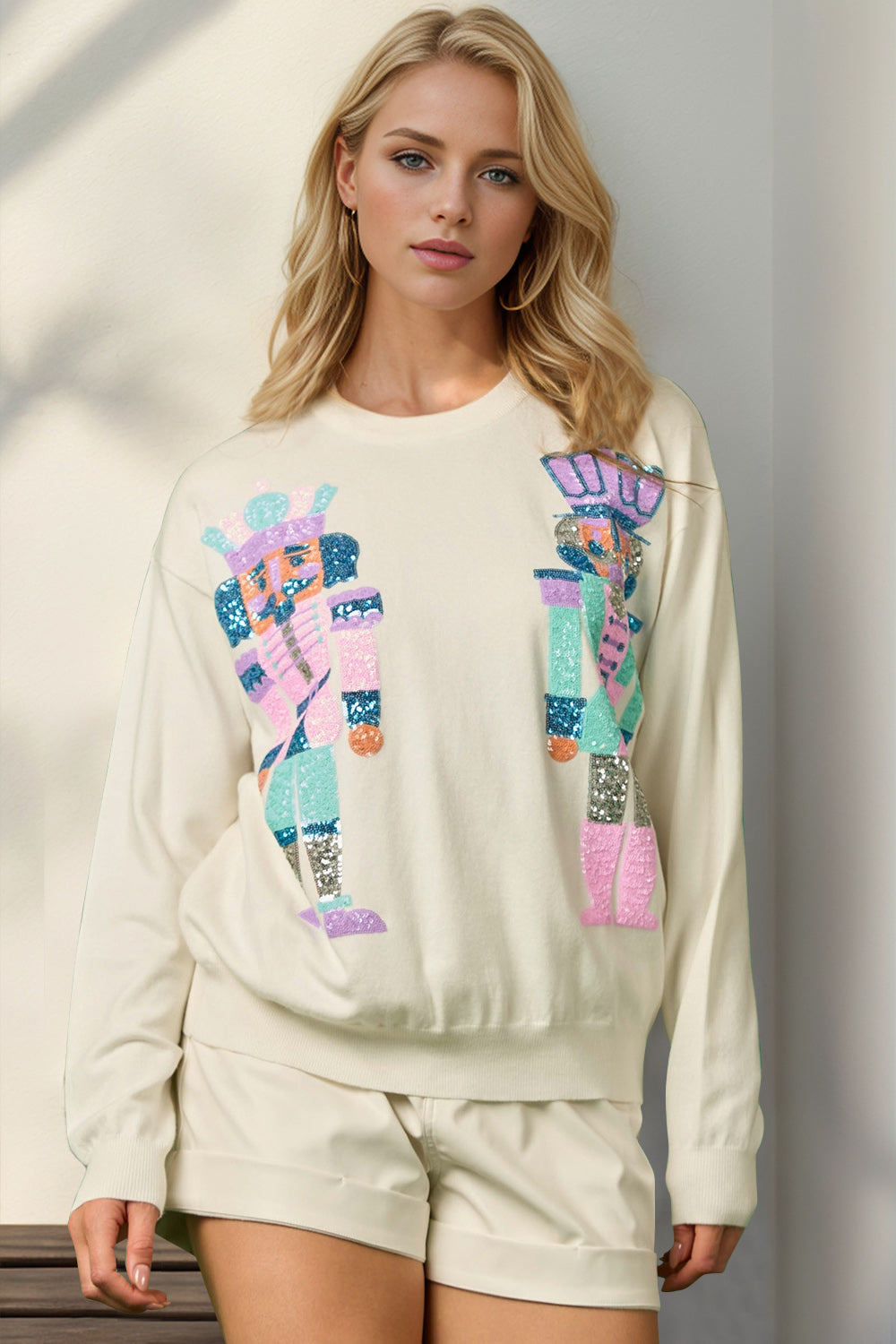 Double Take Full Size Sequin Nutcracker Long Sleeve Sweater-Sweaters-Krush Kandy, Women's Online Fashion Boutique Located in Phoenix, Arizona (Scottsdale Area)