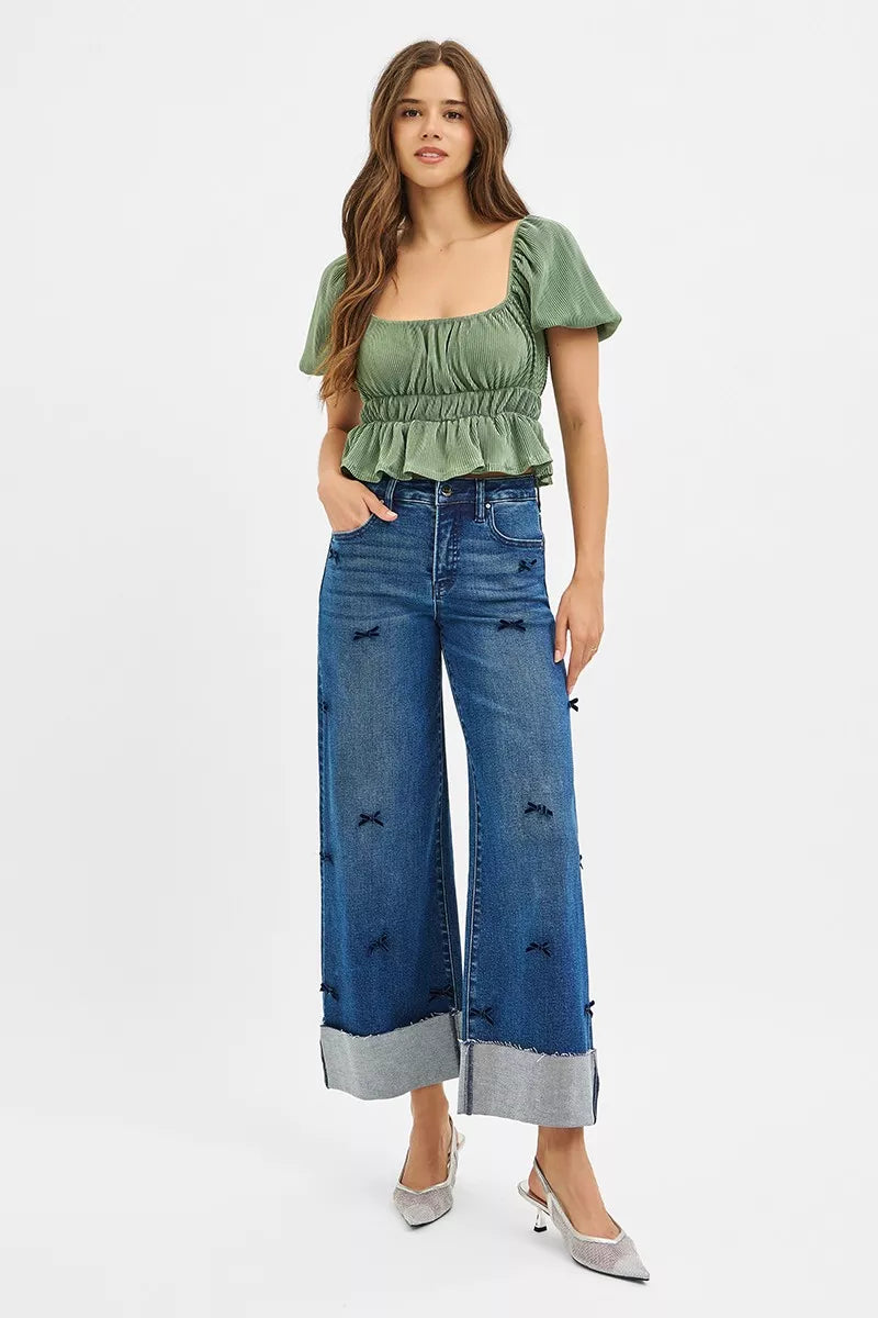 RISEN High Rise Crop Wide Leg Ribbon Detail Jeans-Jeans-Krush Kandy, Women's Online Fashion Boutique Located in Phoenix, Arizona (Scottsdale Area)