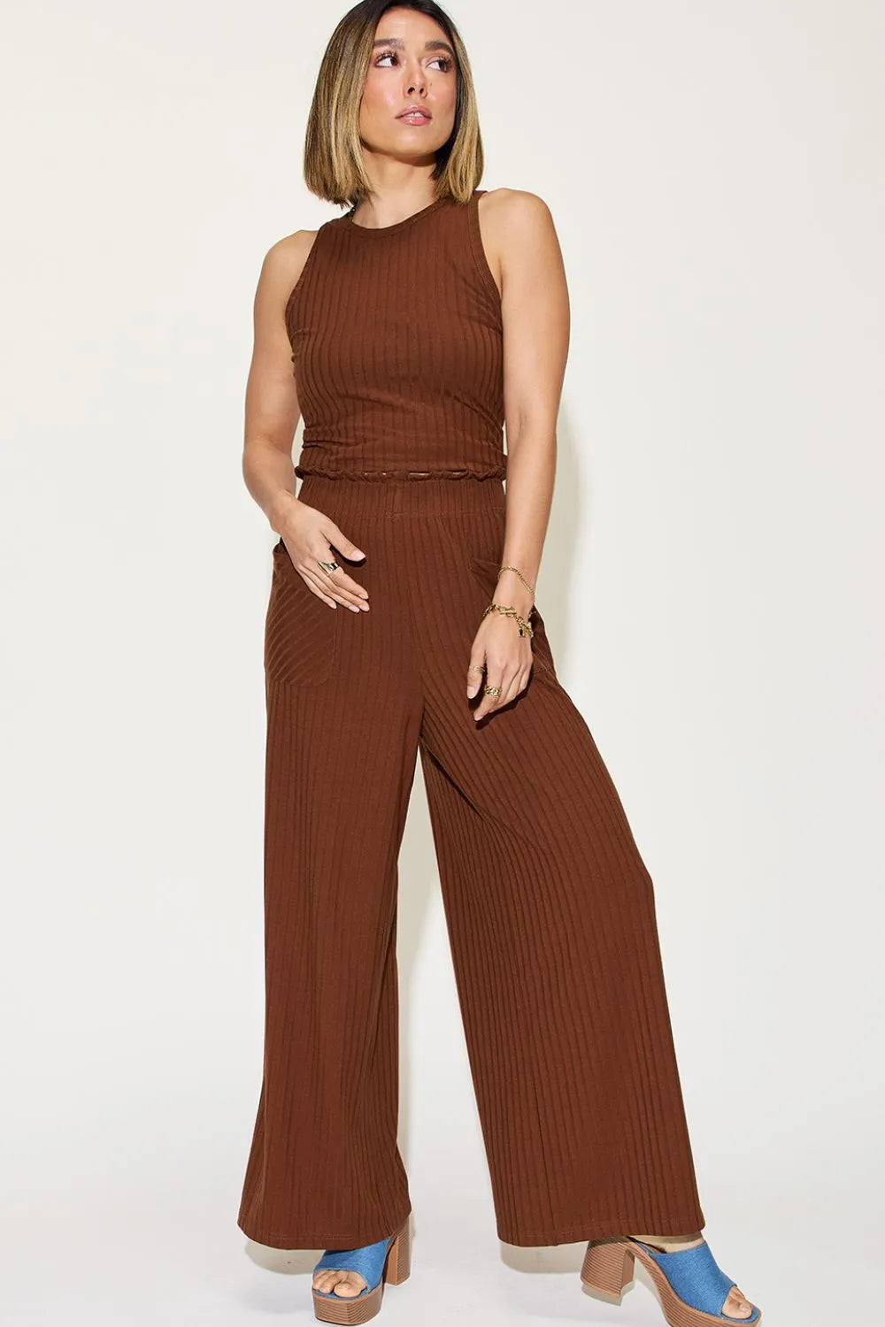 Basic Bae Full Size Ribbed Tank and Wide Leg Pants Set-2 Piece Outfit Sets-Krush Kandy, Women's Online Fashion Boutique Located in Phoenix, Arizona (Scottsdale Area)