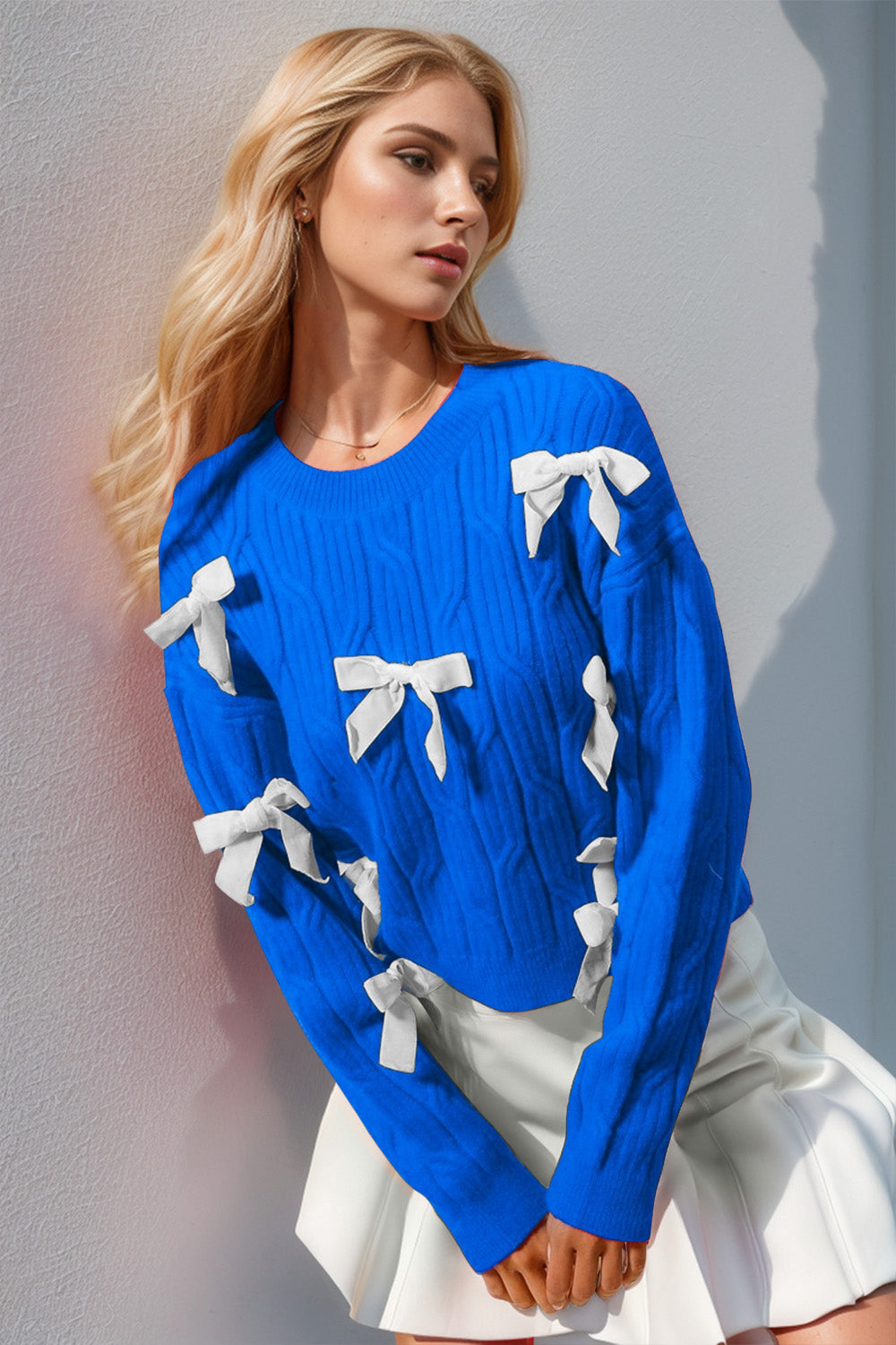 S-3X Bow Cable-Knit Round Neck Sweater-Sweaters-Krush Kandy, Women's Online Fashion Boutique Located in Phoenix, Arizona (Scottsdale Area)