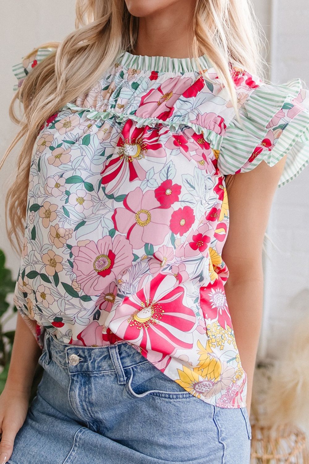 Frill Floral Print Ruffle Cap Sleeve Blouse-Blouses-Krush Kandy, Women's Online Fashion Boutique Located in Phoenix, Arizona (Scottsdale Area)