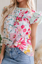 Frill Floral Print Ruffle Cap Sleeve Blouse-Blouses-Krush Kandy, Women's Online Fashion Boutique Located in Phoenix, Arizona (Scottsdale Area)