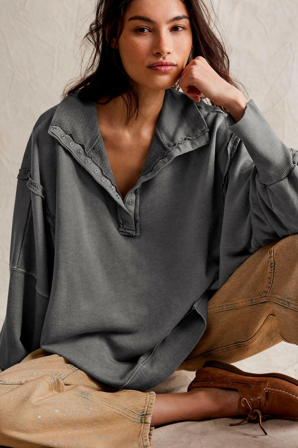 Exposed Seam Side Slit Long Sleeve Sweatshirt-Krush Kandy, Women's Online Fashion Boutique Located in Phoenix, Arizona (Scottsdale Area)