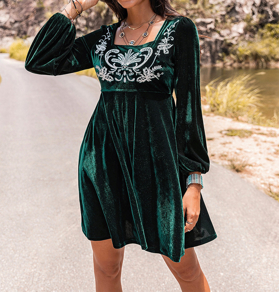 Embroidered Square Neck Long Sleeve Dress-Dresses-Krush Kandy, Women's Online Fashion Boutique Located in Phoenix, Arizona (Scottsdale Area)