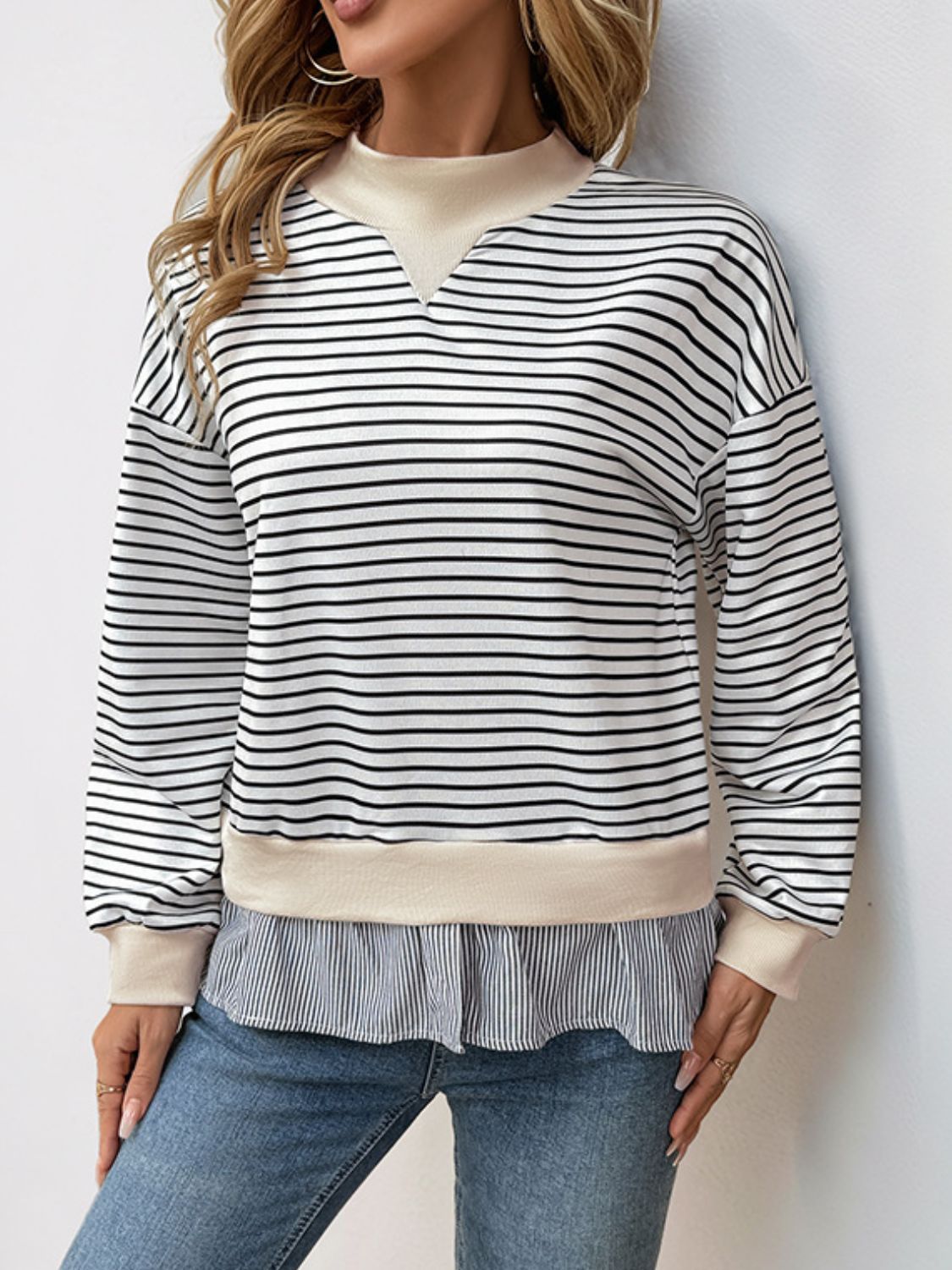 Perfee Faux Layered Striped Long Sleeve Sweatshirt-Long Sleeve Tops-Krush Kandy, Women's Online Fashion Boutique Located in Phoenix, Arizona (Scottsdale Area)