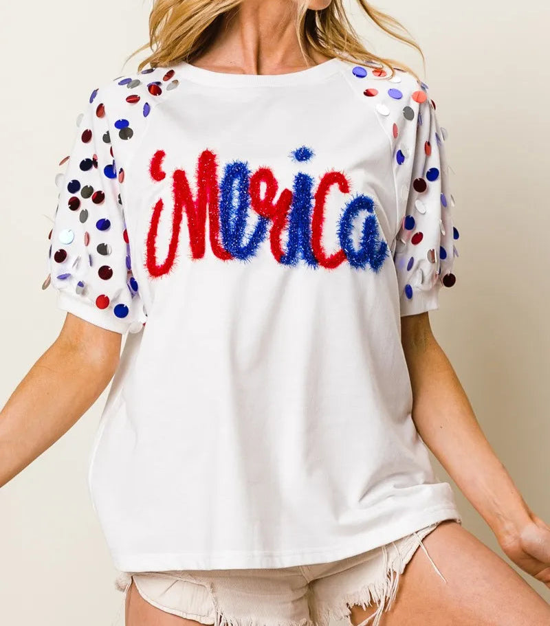 BiBi Metallic Letter Spangle Raglan Puff Sleeve Top-Tops-Krush Kandy, Women's Online Fashion Boutique Located in Phoenix, Arizona (Scottsdale Area)