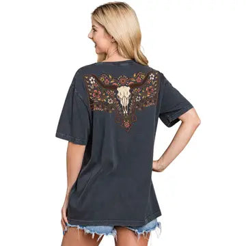 Floral Cow Skull Graphic Premium Washed Tee PREORDER-Graphic Tees-Krush Kandy, Women's Online Fashion Boutique Located in Phoenix, Arizona (Scottsdale Area)