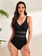 Black View. V-Neck Spaghetti Strap One-Piece Swimwear | S-2X-Krush Kandy, Women's Online Fashion Boutique Located in Phoenix, Arizona (Scottsdale Area)