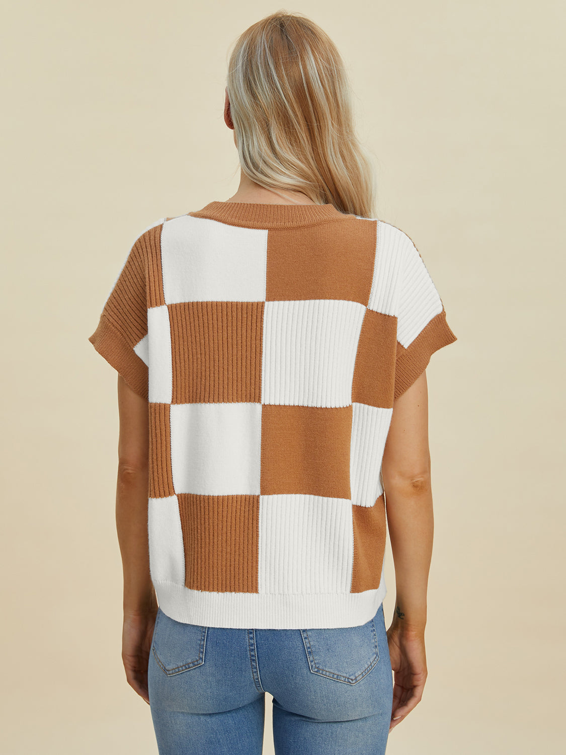 Double Take Full Size Checkered Round Neck Short Sleeve Sweater-Krush Kandy, Women's Online Fashion Boutique Located in Phoenix, Arizona (Scottsdale Area)