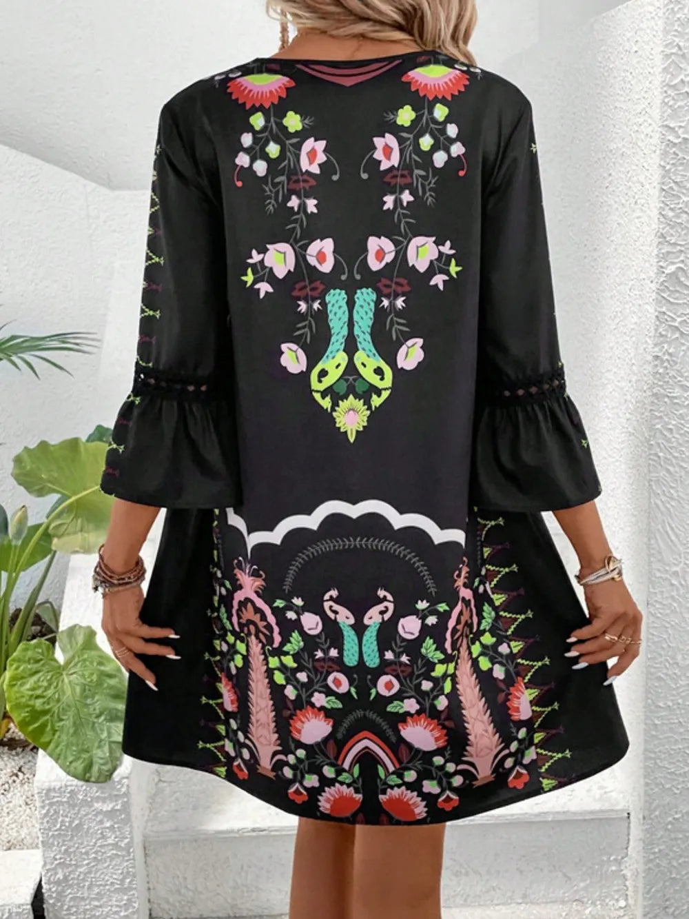 Lace Detail Printed Three-Quarter Sleeve Dress-Dresses-Krush Kandy, Women's Online Fashion Boutique Located in Phoenix, Arizona (Scottsdale Area)