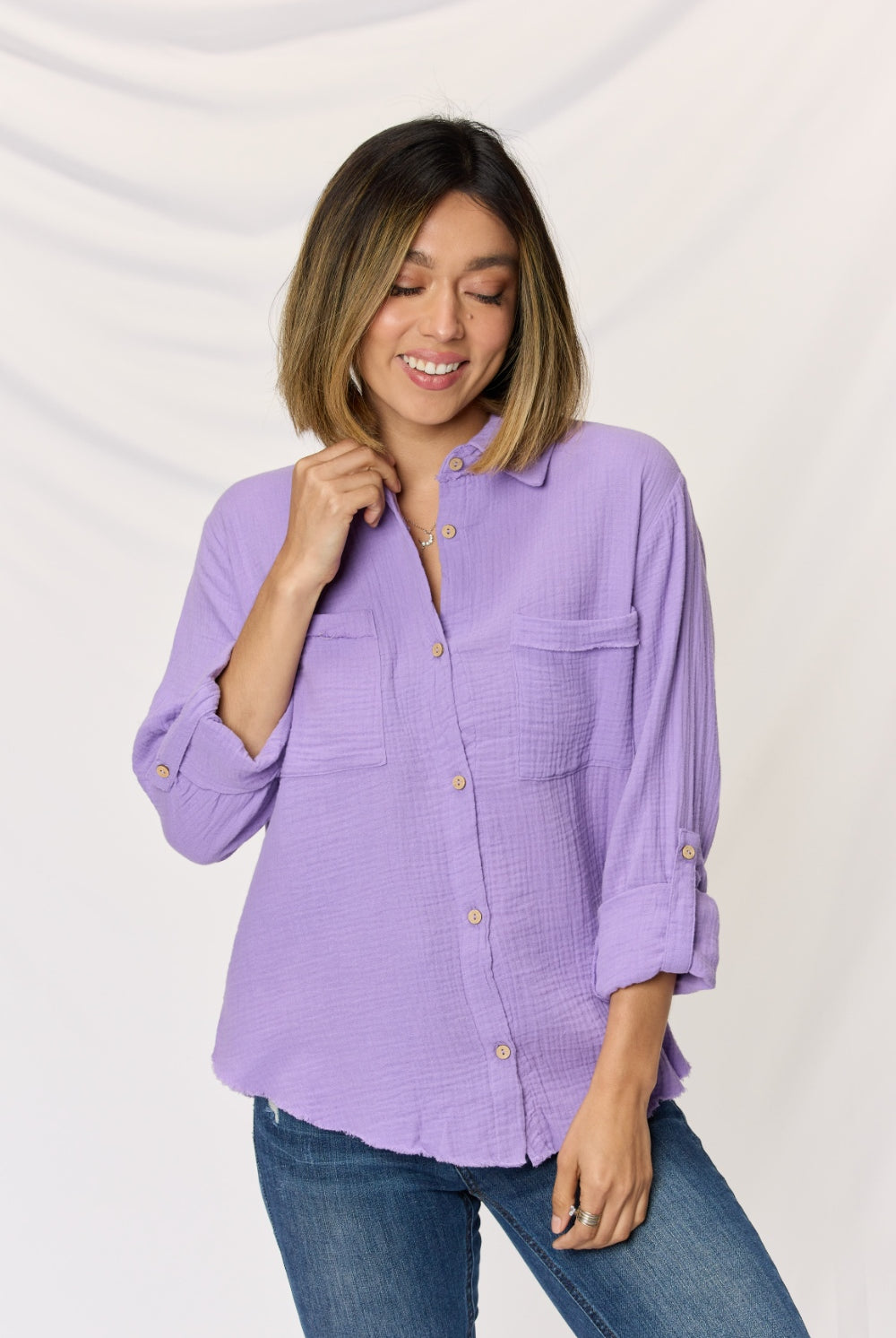 Zenana Texture Button Up Raw Hem Long Sleeve Shirt-Krush Kandy, Women's Online Fashion Boutique Located in Phoenix, Arizona (Scottsdale Area)