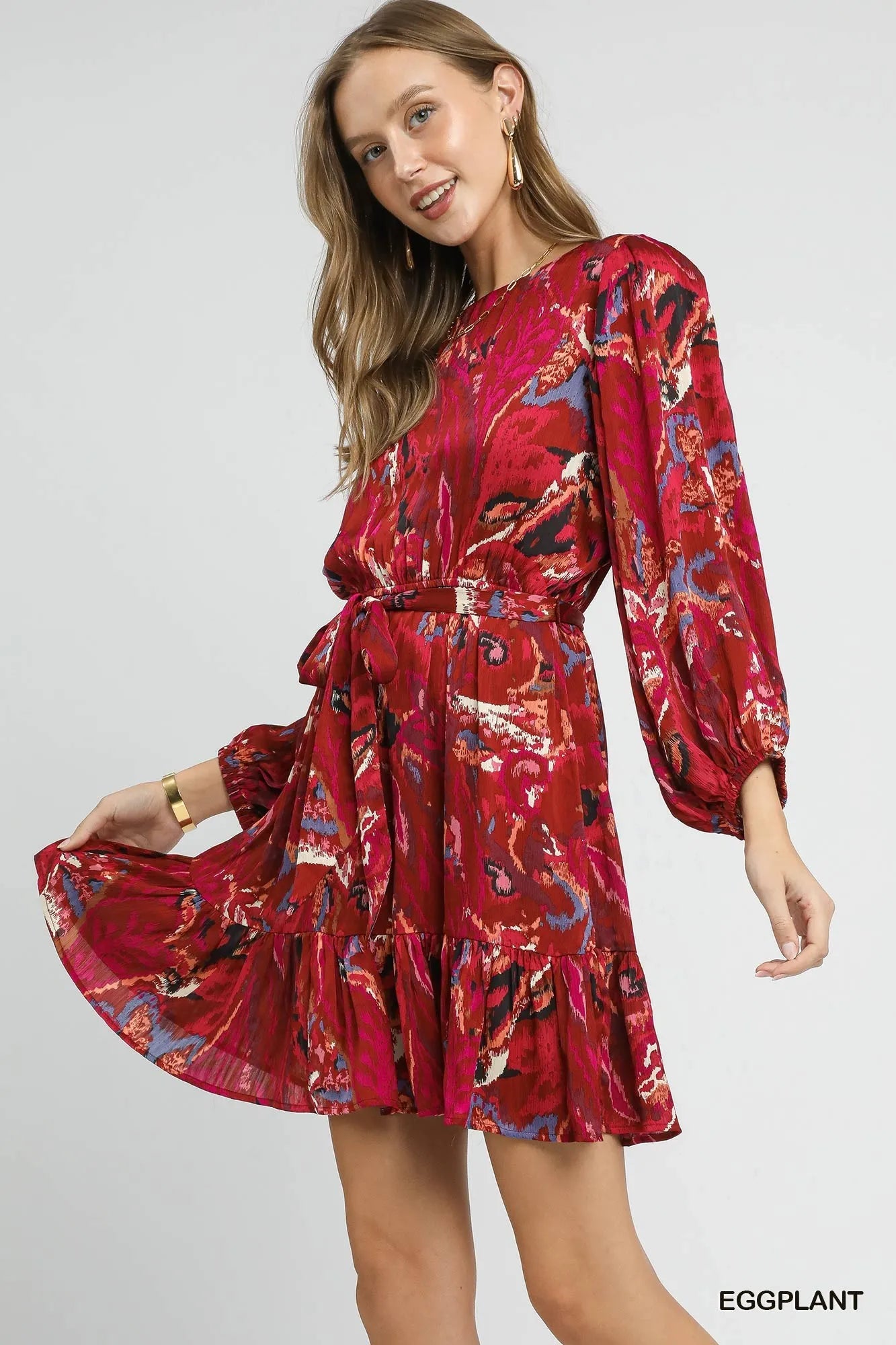 Umgee Ruffled Hem Printed Balloon Sleeve Dress-Dresses-Krush Kandy, Women's Online Fashion Boutique Located in Phoenix, Arizona (Scottsdale Area)