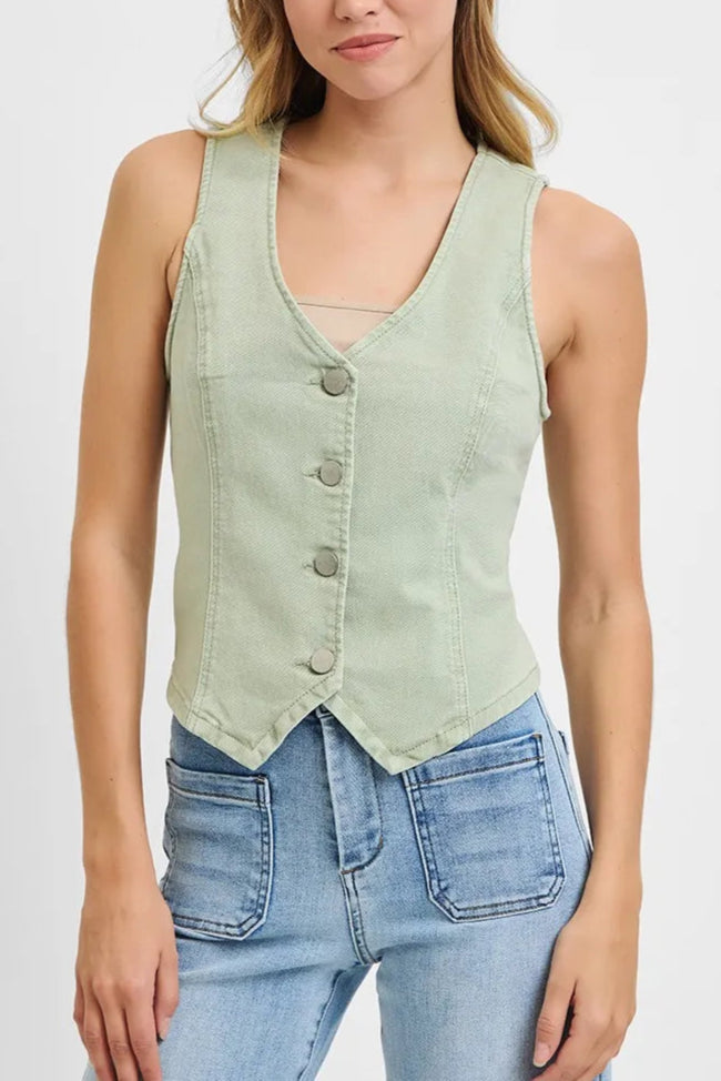 RISEN Full Size V Neck Button Down Vest Plus Size-Vests-Krush Kandy, Women's Online Fashion Boutique Located in Phoenix, Arizona (Scottsdale Area)