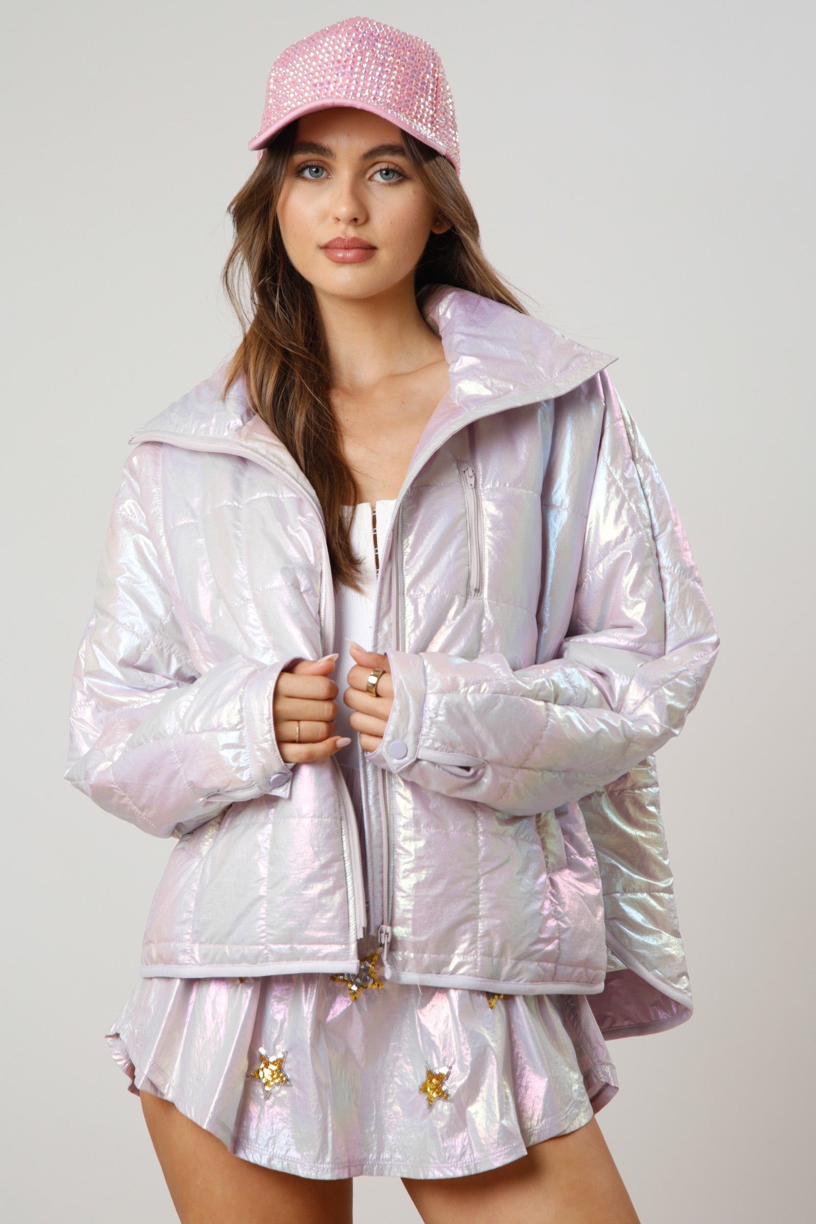 SQUARE QUILTING SHINY PADDED JACKET W/ POCKET-Jacket-Krush Kandy, Women's Online Fashion Boutique Located in Phoenix, Arizona (Scottsdale Area)