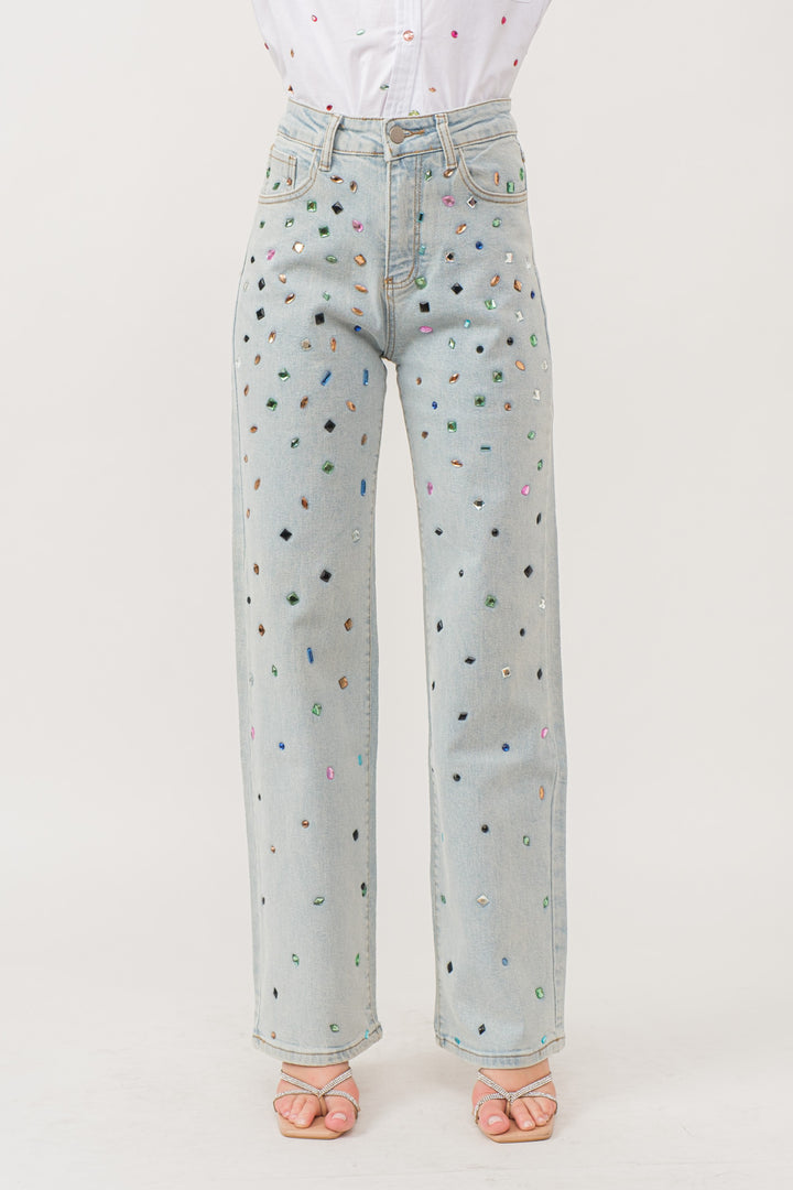 Multicolor Rhinestone Stretch Denim Pants-Jeans-Krush Kandy, Women's Online Fashion Boutique Located in Phoenix, Arizona (Scottsdale Area)