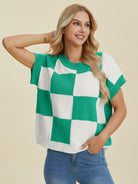 Double Take Full Size Checkered Round Neck Short Sleeve Sweater-Krush Kandy, Women's Online Fashion Boutique Located in Phoenix, Arizona (Scottsdale Area)