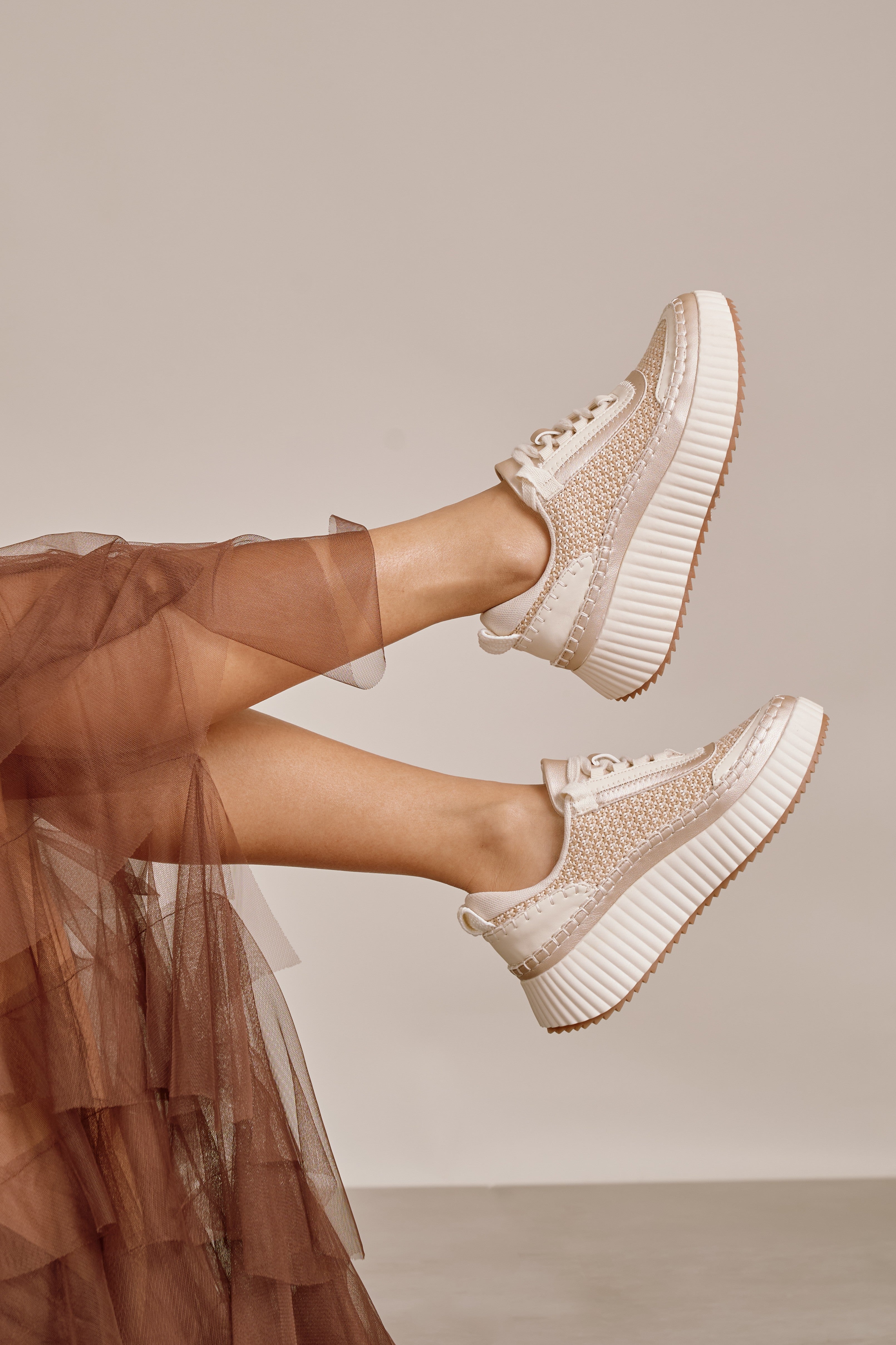 ChicStrut Lace-Up Knit Platform Sneakers-Light Gold-Sneakers-Krush Kandy, Women's Online Fashion Boutique Located in Phoenix, Arizona (Scottsdale Area)