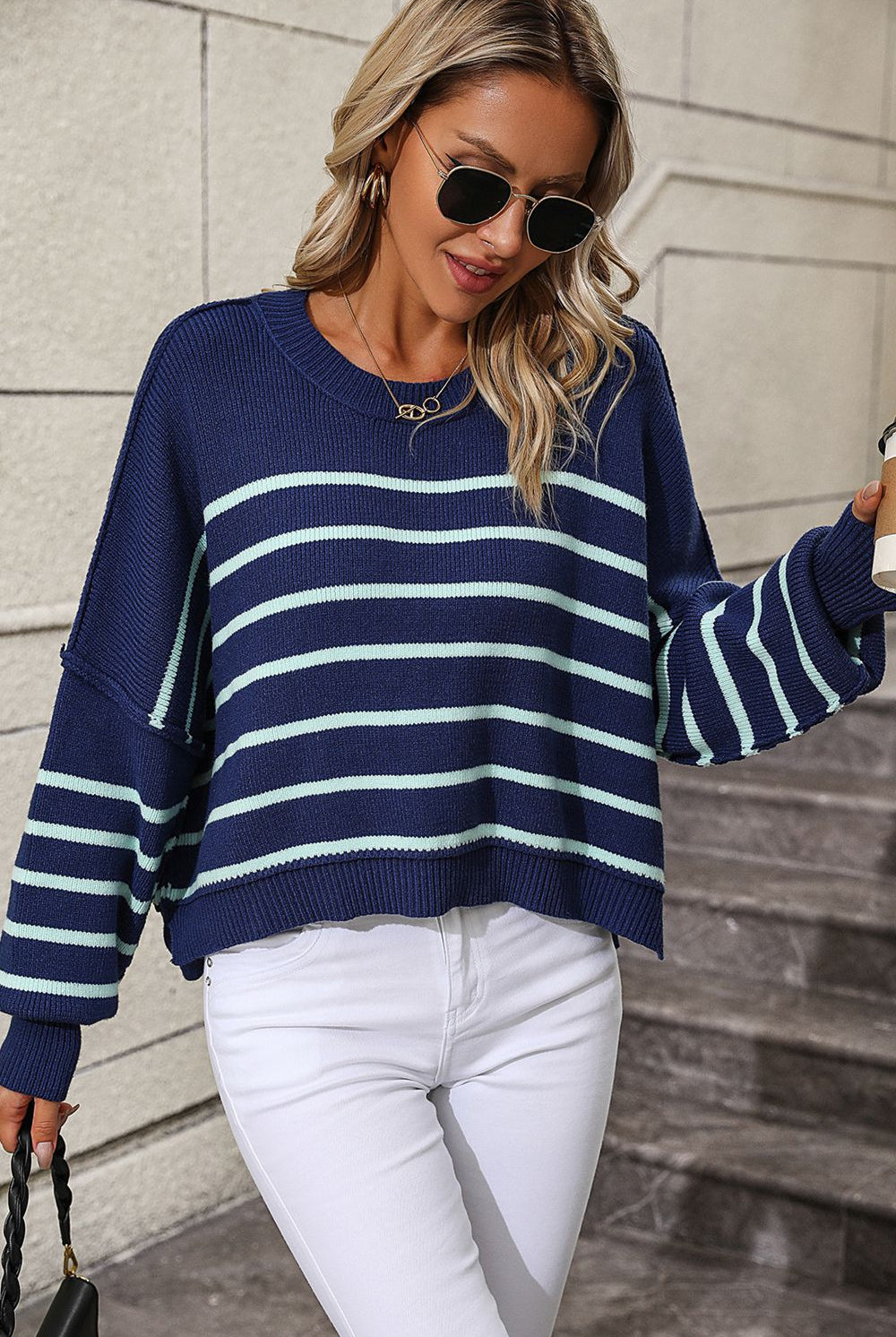 Striped Dropped Shoulder Round Neck Pullover Sweater-Krush Kandy, Women's Online Fashion Boutique Located in Phoenix, Arizona (Scottsdale Area)