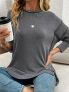 Side Slit Round Neck Dropped Shoulder Sweatshirt-Sweaters-Krush Kandy, Women's Online Fashion Boutique Located in Phoenix, Arizona (Scottsdale Area)