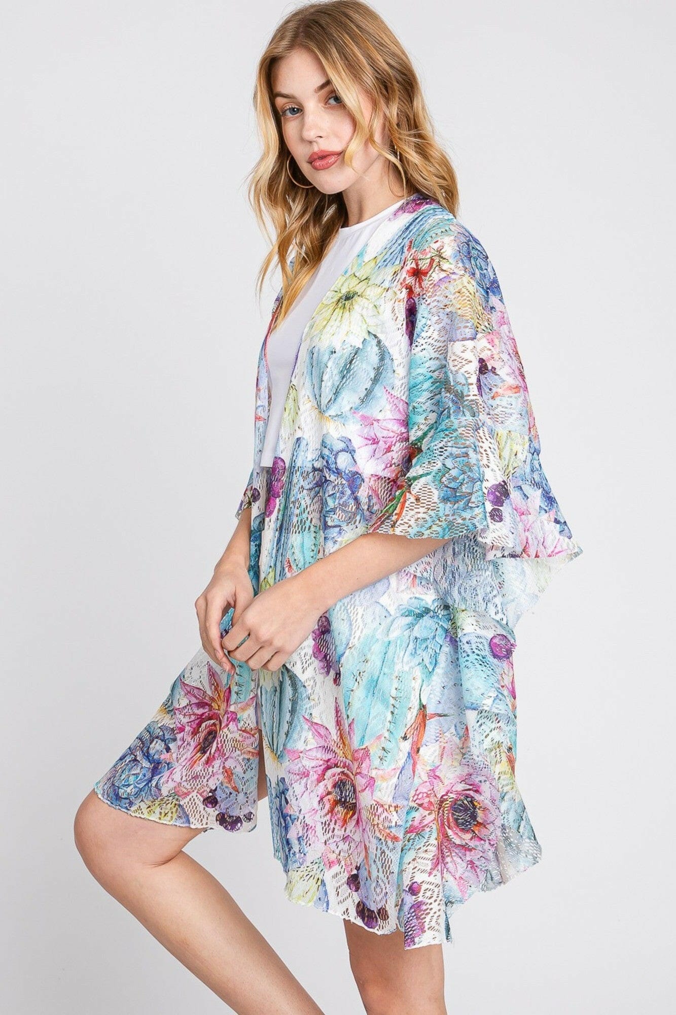 Athena Ruffle Lined Cactus Print Crochet Kimono-Kimono-Krush Kandy, Women's Online Fashion Boutique Located in Phoenix, Arizona (Scottsdale Area)