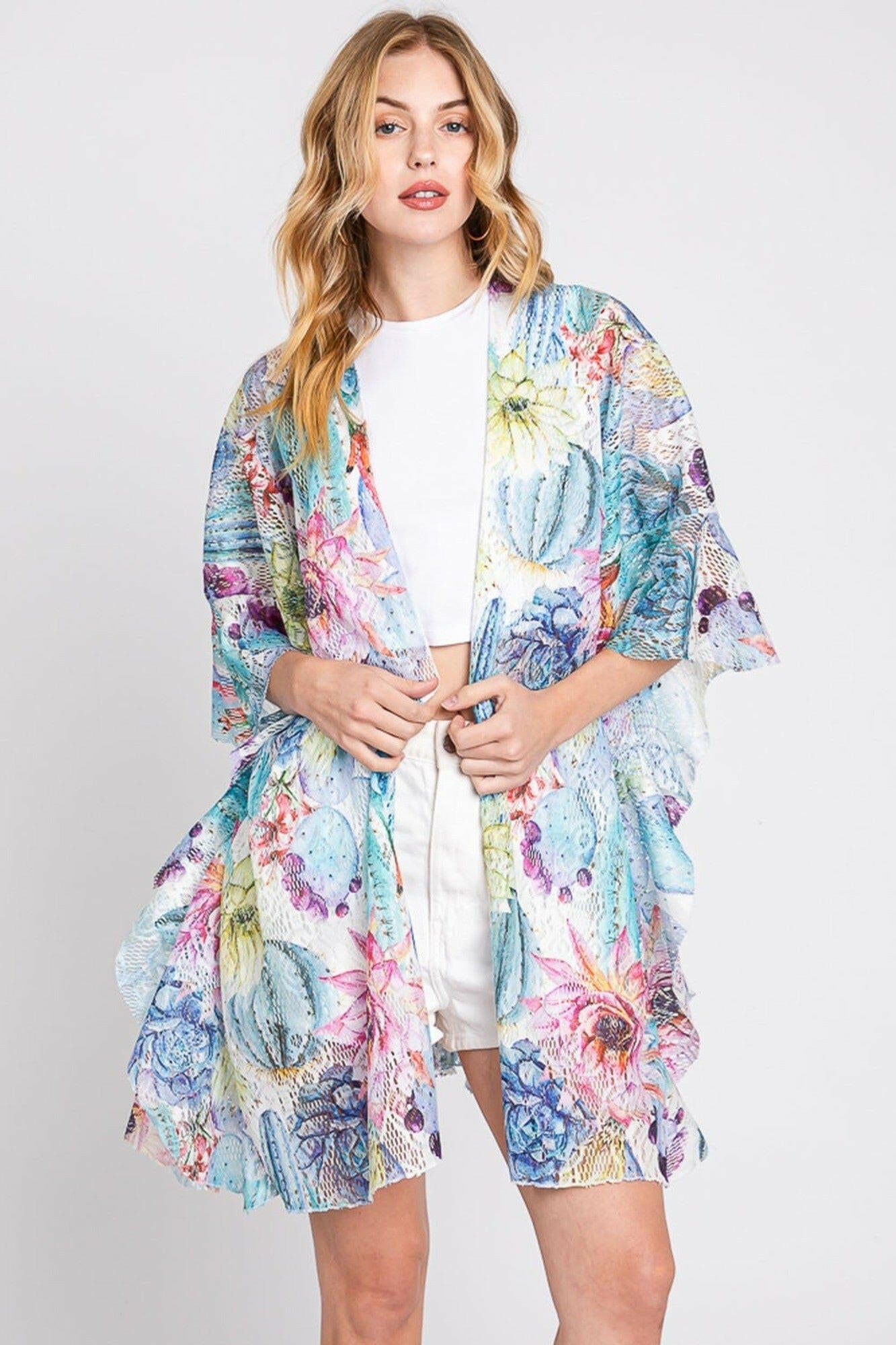 Athena Ruffle Lined Cactus Print Crochet Kimono-Kimono-Krush Kandy, Women's Online Fashion Boutique Located in Phoenix, Arizona (Scottsdale Area)