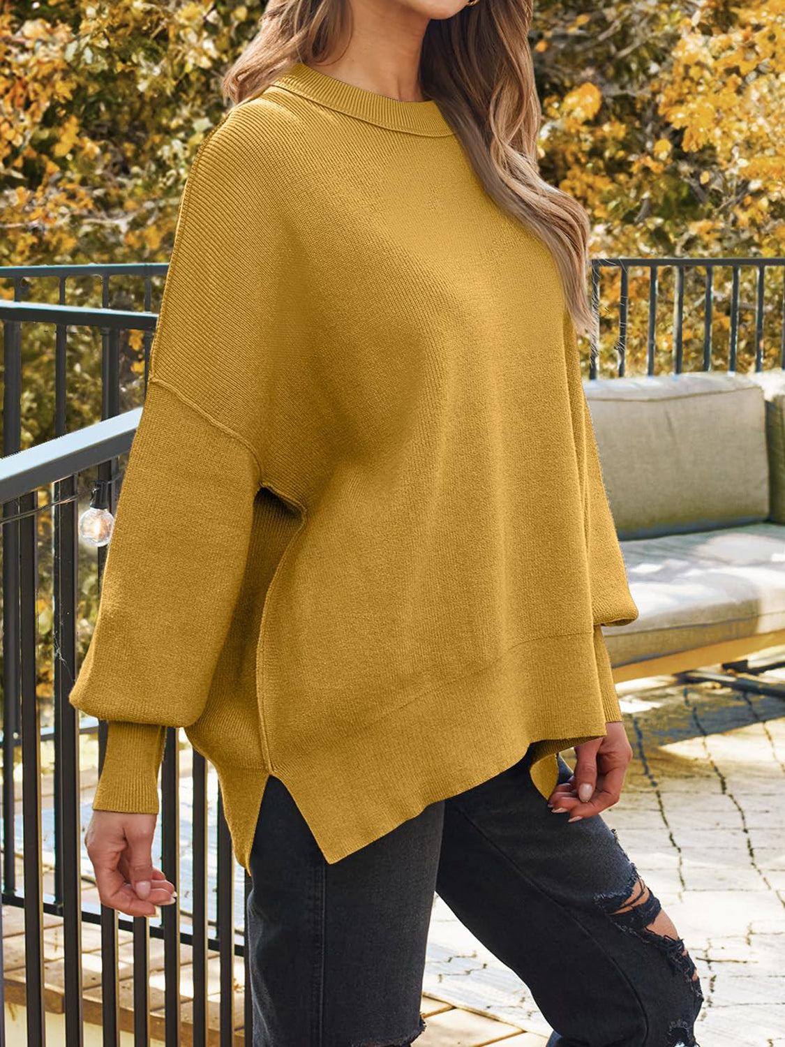 Slit Round Neck Dropped Shoulder Sweater-Krush Kandy, Women's Online Fashion Boutique Located in Phoenix, Arizona (Scottsdale Area)