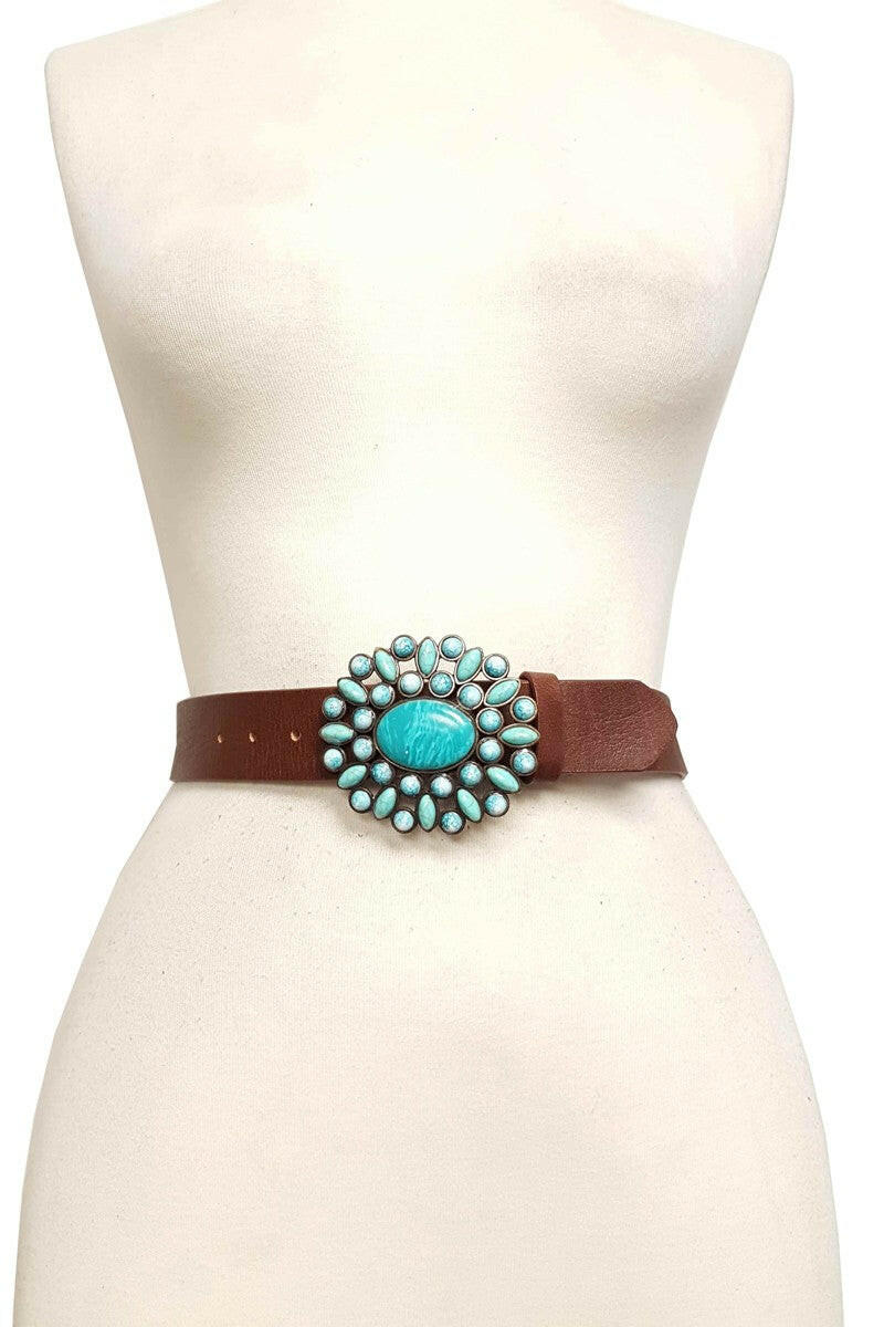 Western Turquoise Buckle With Genuine Leather Belt-Krush Kandy, Women's Online Fashion Boutique Located in Phoenix, Arizona (Scottsdale Area)
