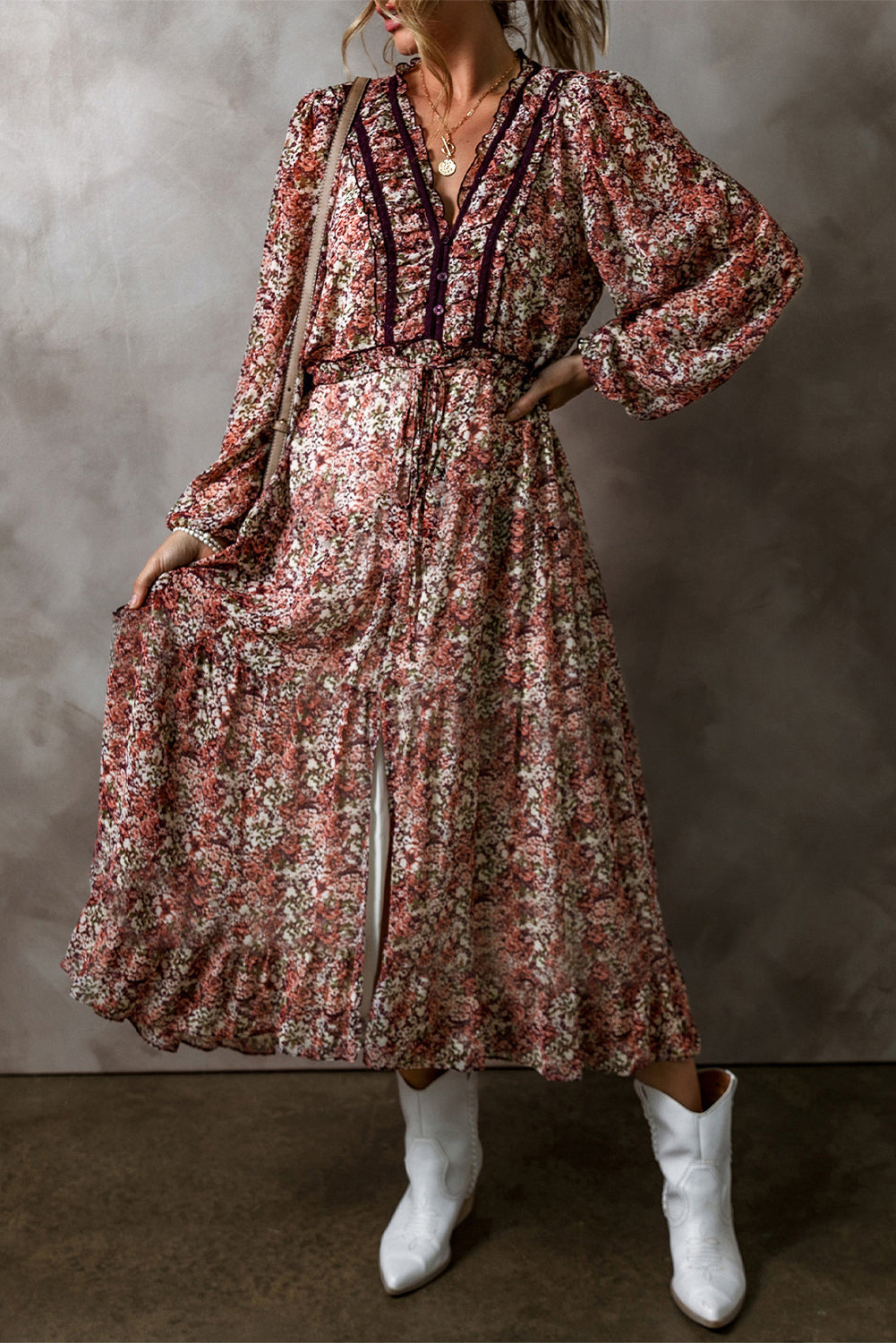 Boho Floral Ruffle Lace Midi Dress-Dresses-Krush Kandy, Women's Online Fashion Boutique Located in Phoenix, Arizona (Scottsdale Area)