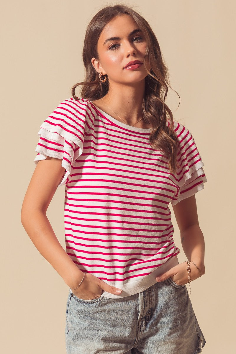 Stripe Lightweight Sweater Top with Tiered Sleeves-Short Sleeve Tops-Krush Kandy, Women's Online Fashion Boutique Located in Phoenix, Arizona (Scottsdale Area)