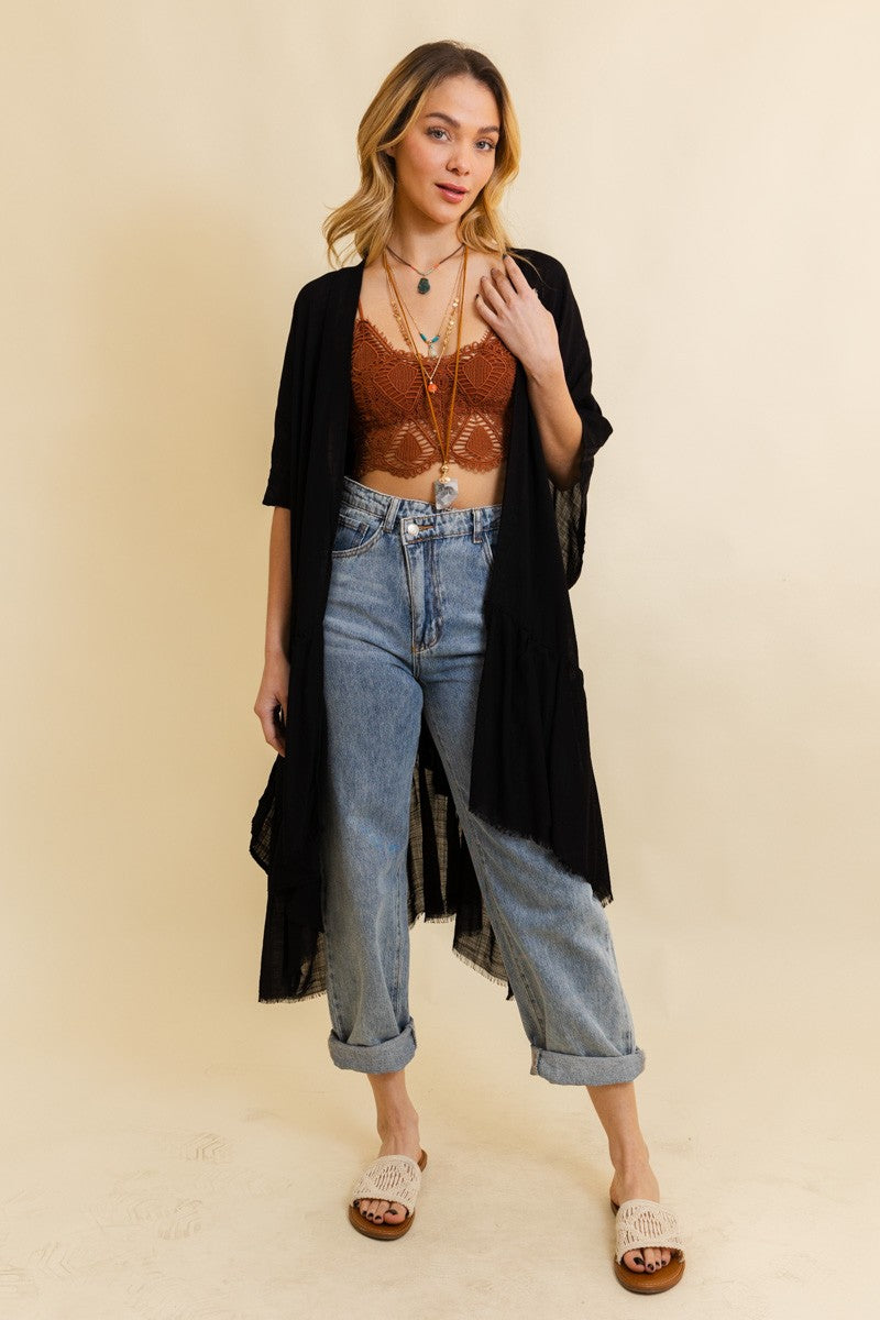 Solid Ruffle Edge Bohemian Kimono-Kimonos-Krush Kandy, Women's Online Fashion Boutique Located in Phoenix, Arizona (Scottsdale Area)