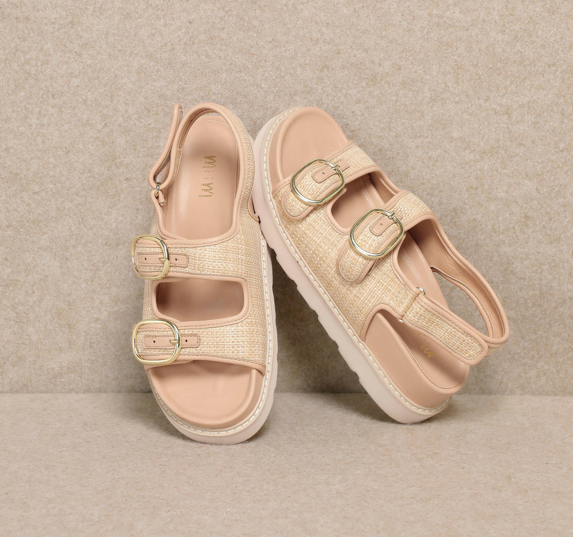 HALLIE - Dual-Buckle Straw Effect Sandals-Sandals-Krush Kandy, Women's Online Fashion Boutique Located in Phoenix, Arizona (Scottsdale Area)