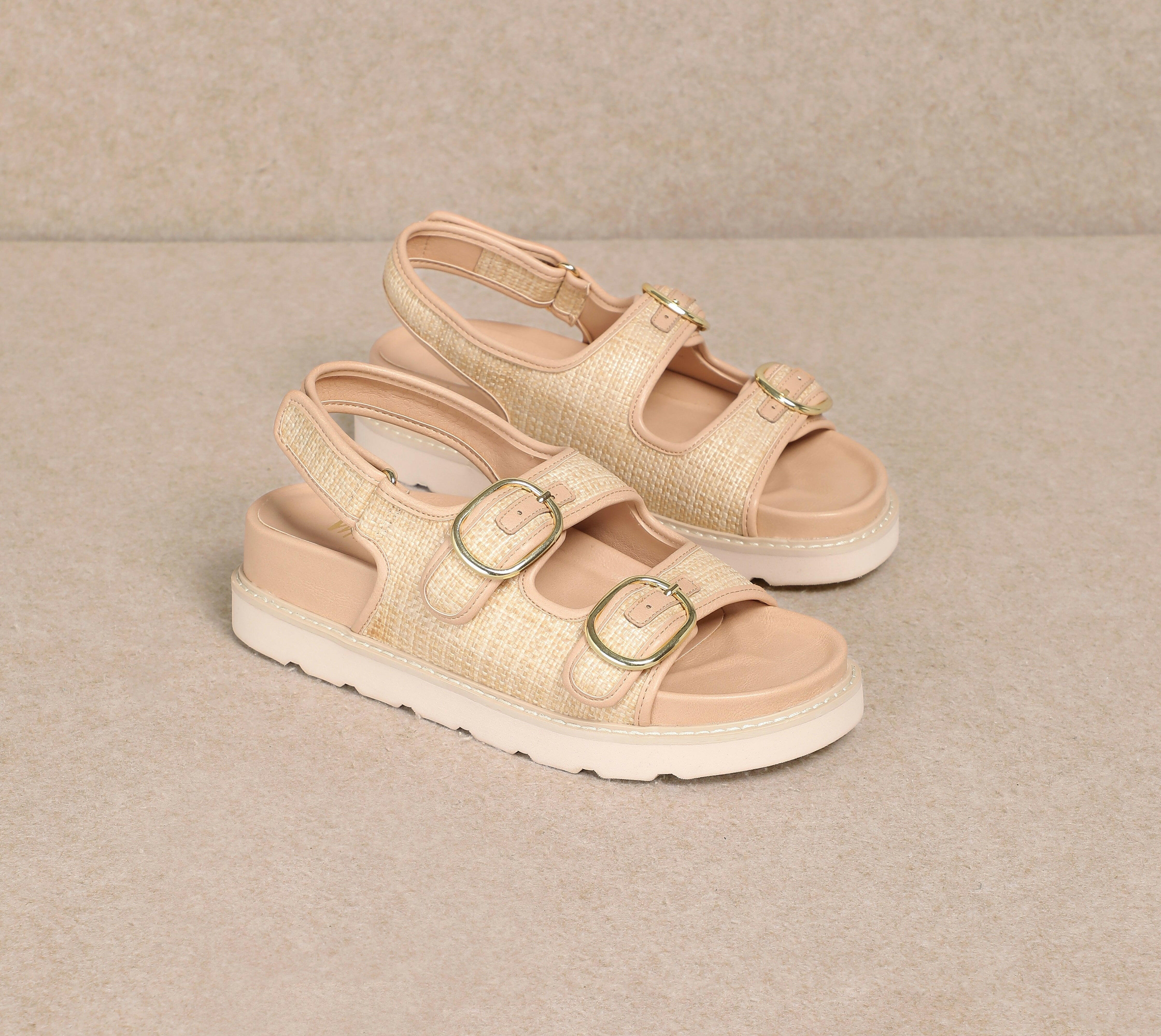 HALLIE - Dual-Buckle Straw Effect Sandals-Sandals-Krush Kandy, Women's Online Fashion Boutique Located in Phoenix, Arizona (Scottsdale Area)