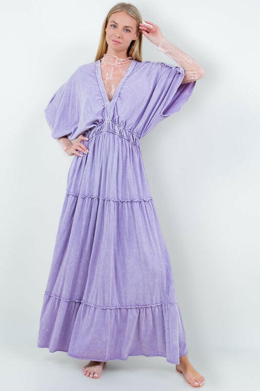 Mineral Wash V-Neck Empire Waist Tiered Dress-dress-Krush Kandy, Women's Online Fashion Boutique Located in Phoenix, Arizona (Scottsdale Area)