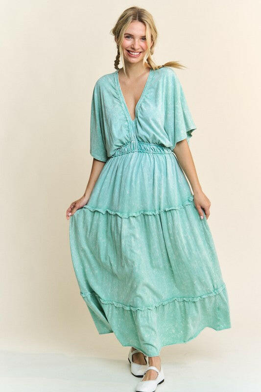 Mineral Wash V-Neck Empire Waist Tiered Dress-dress-Krush Kandy, Women's Online Fashion Boutique Located in Phoenix, Arizona (Scottsdale Area)