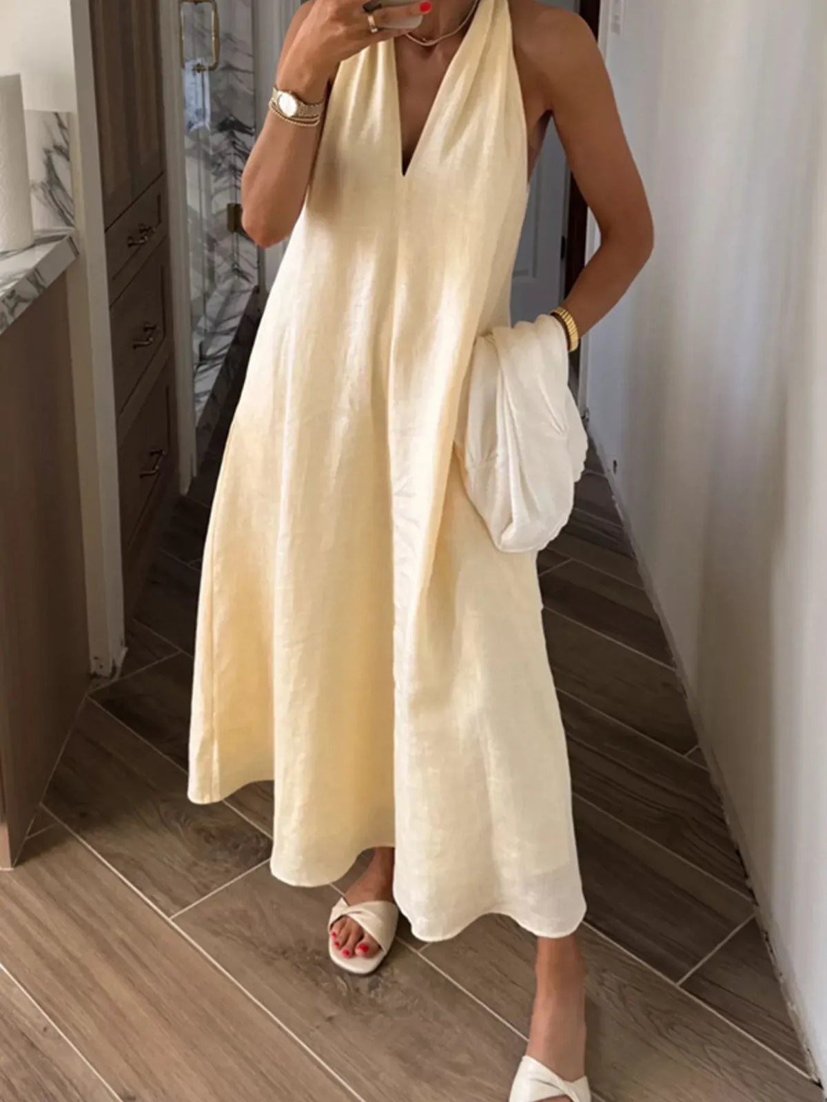 halter v neck midi dress V-Neck Linen stylist pull