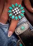 Turquoise & Checkered Sunflower Ring (BIG & SMALL) PREORDER NOW OPEN-Rings-Krush Kandy, Women's Online Fashion Boutique Located in Phoenix, Arizona (Scottsdale Area)