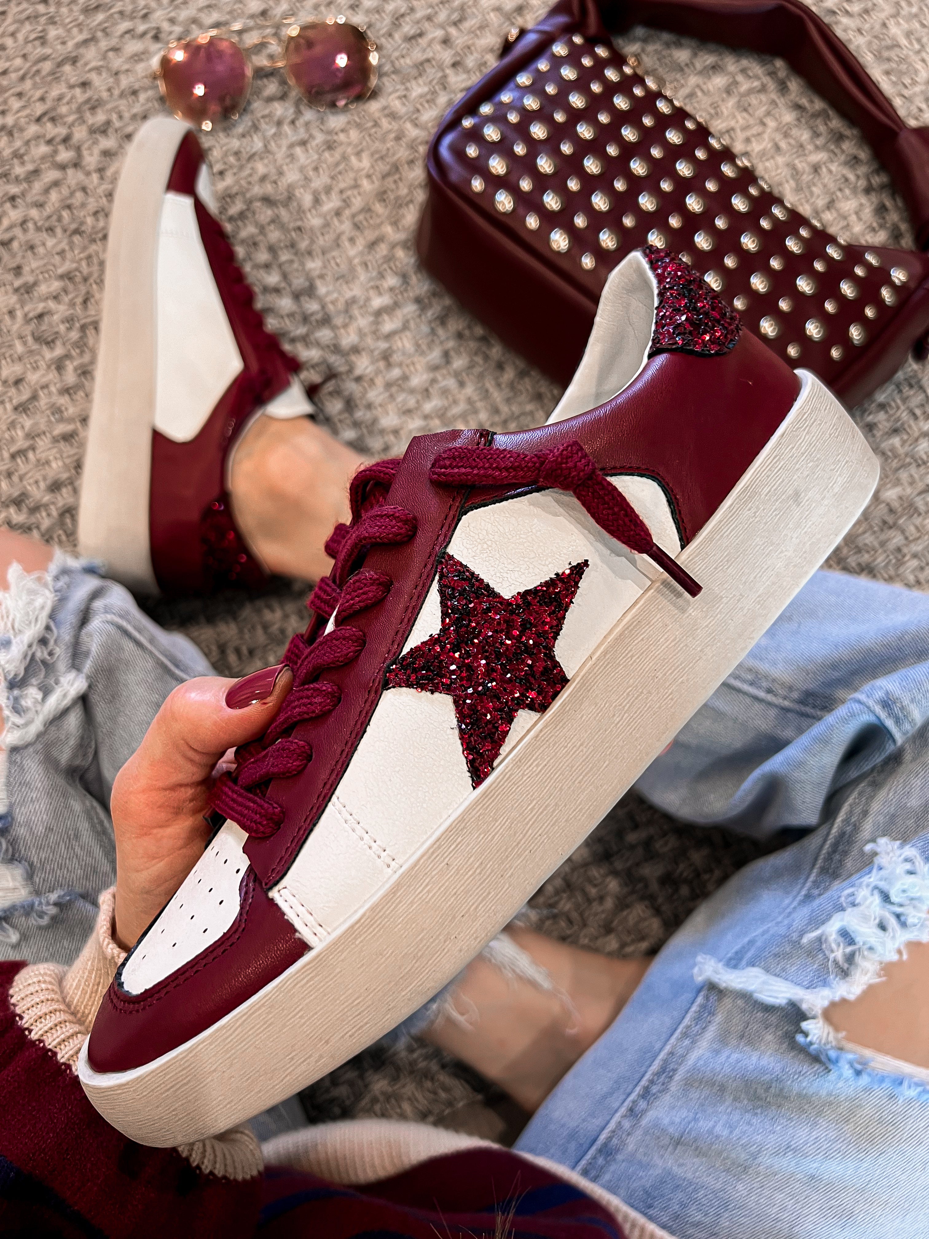 Stardust Glam: Burgundy Glitter Star Sneakers-Sneakers-Krush Kandy, Women's Online Fashion Boutique Located in Phoenix, Arizona (Scottsdale Area)