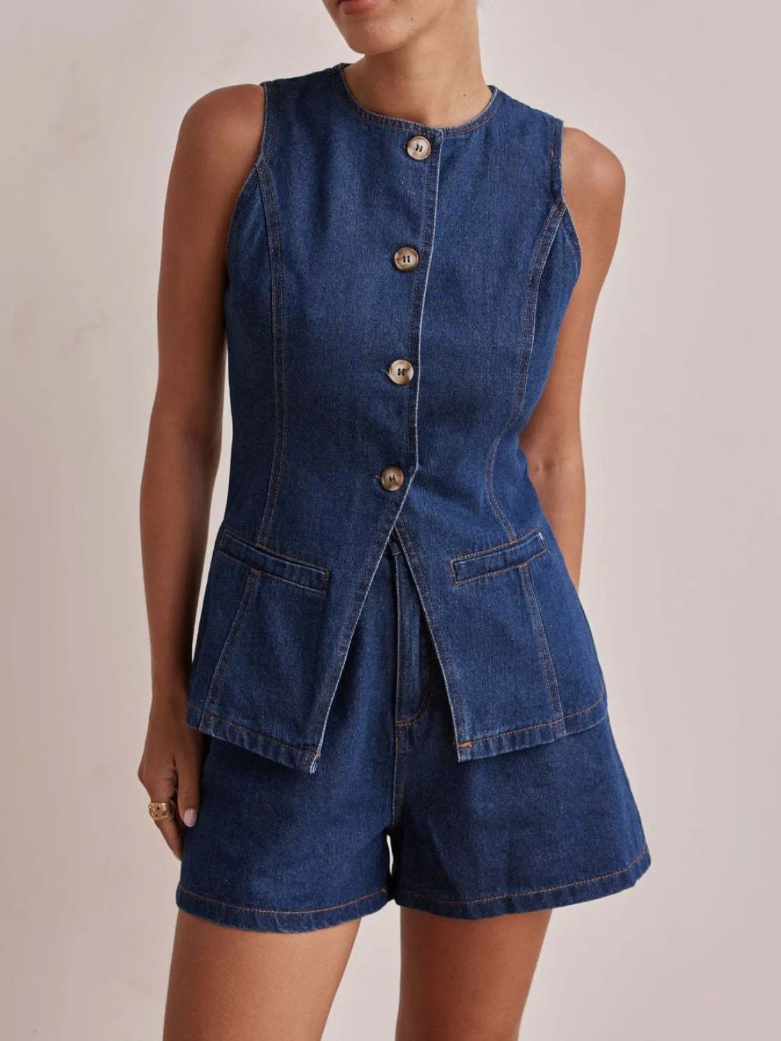 Button Down Vest and Shorts Denim Set-2 Piece Outfit Sets-Krush Kandy, Women's Online Fashion Boutique Located in Phoenix, Arizona (Scottsdale Area)