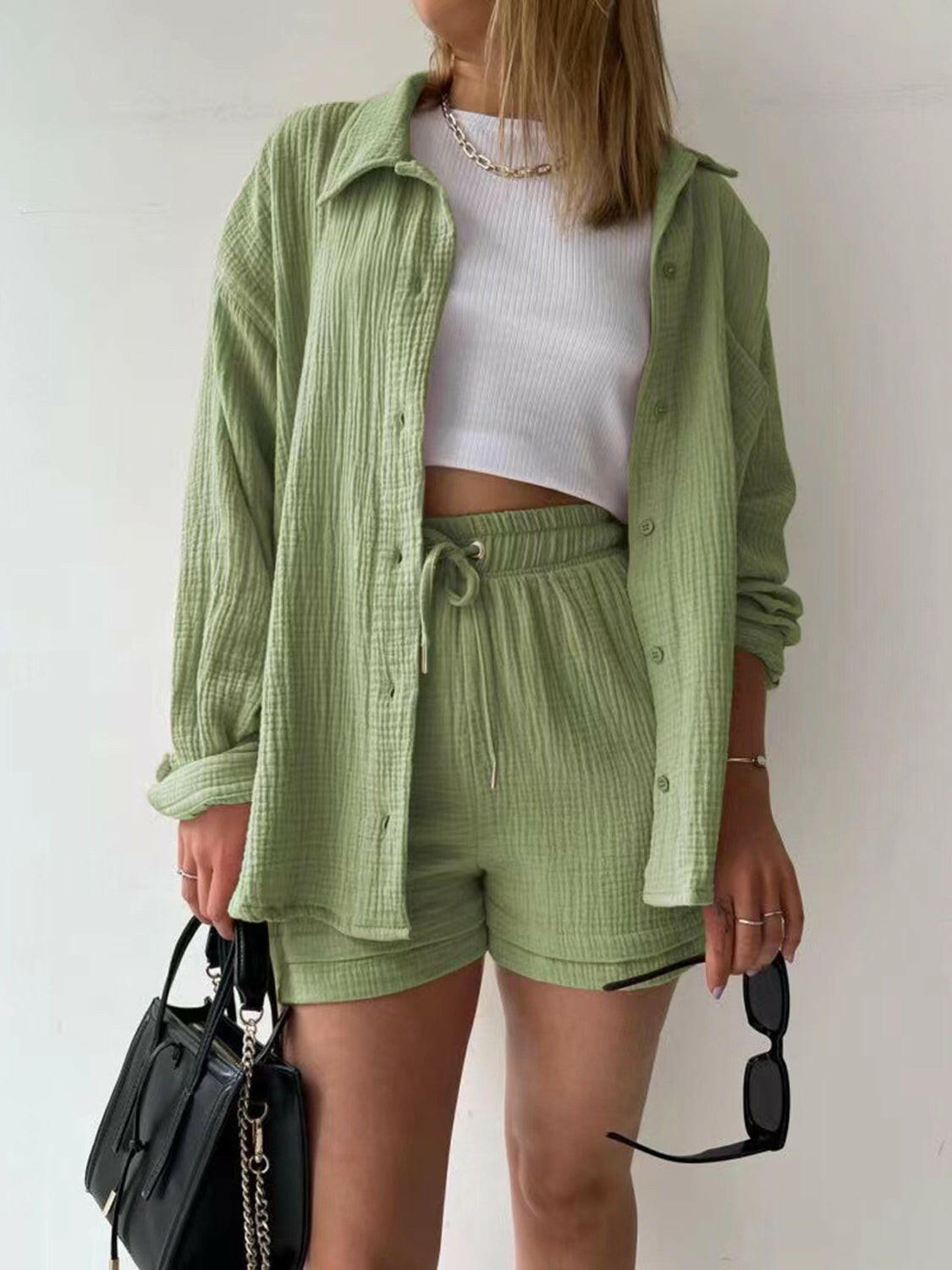 Kinsley Texture Button-Up Shirt and Drawstring Shorts Set-Krush Kandy, Women's Online Fashion Boutique Located in Phoenix, Arizona (Scottsdale Area)