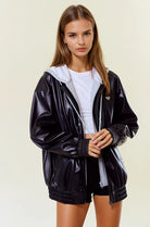 Vegan Leather Hooded Jacket W/ Welt Pocket-Jackets-Krush Kandy, Women's Online Fashion Boutique Located in Phoenix, Arizona (Scottsdale Area)