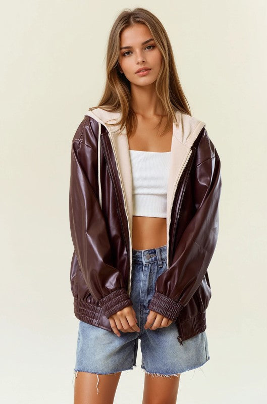 Vegan Leather Hooded Jacket W/ Welt Pocket-Jackets-Krush Kandy, Women's Online Fashion Boutique Located in Phoenix, Arizona (Scottsdale Area)