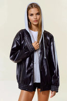 Vegan Leather Hooded Jacket W/ Welt Pocket-Jackets-Krush Kandy, Women's Online Fashion Boutique Located in Phoenix, Arizona (Scottsdale Area)